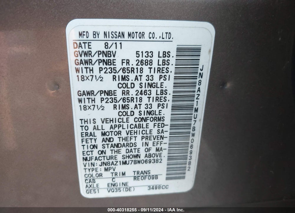 2011 NISSAN MURANO SV VIN: JN8AZ1MU7BW069382