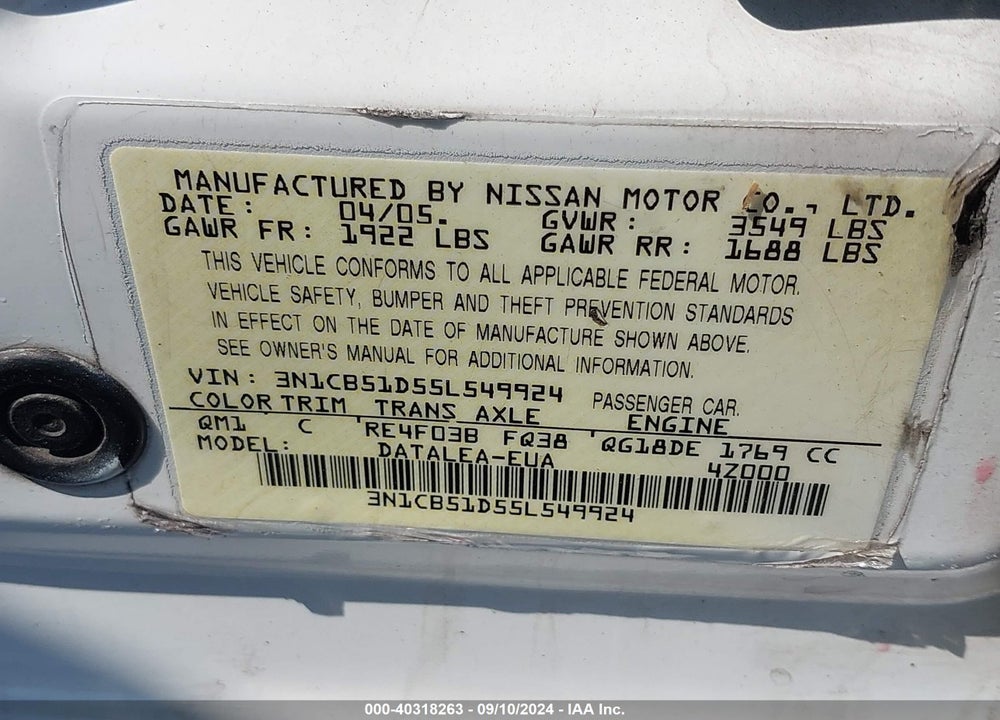 2005 NISSAN SENTRA 1.8S VIN: 3N1CB51D55L549924