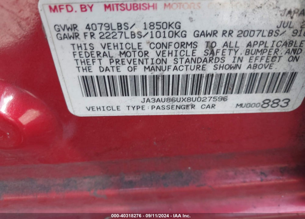 2008 MITSUBISHI LANCER GTS VIN: JA3AU86UX8U027596