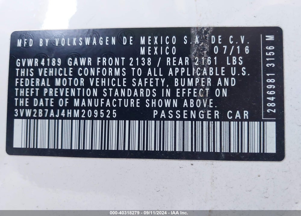 2017 VOLKSWAGEN JETTA 1.4T S VIN: 3VW2B7AJ4HM209525