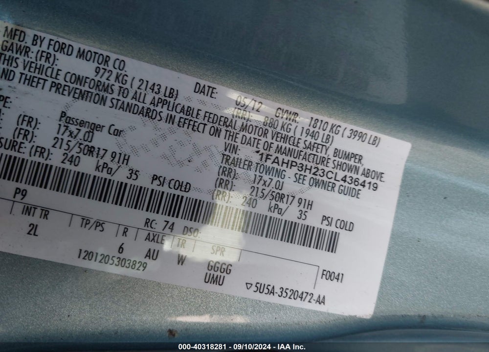 2012 FORD FOCUS SEL VIN: 1FAHP3H23CL436419