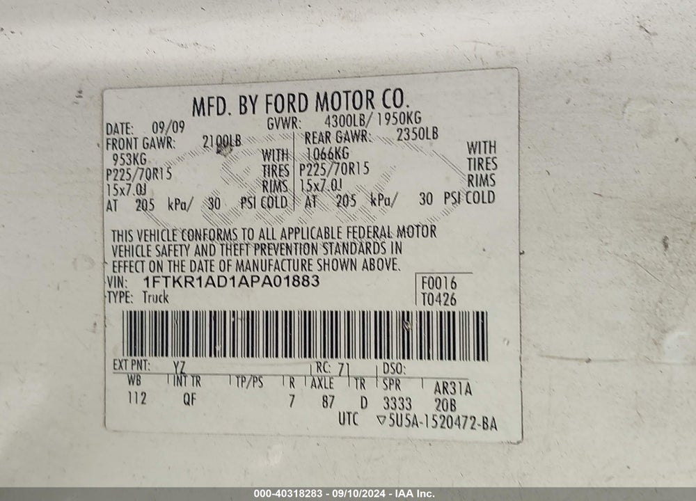 2010 FORD RANGER XL/XLT VIN: 1FTKR1AD1APA01883
