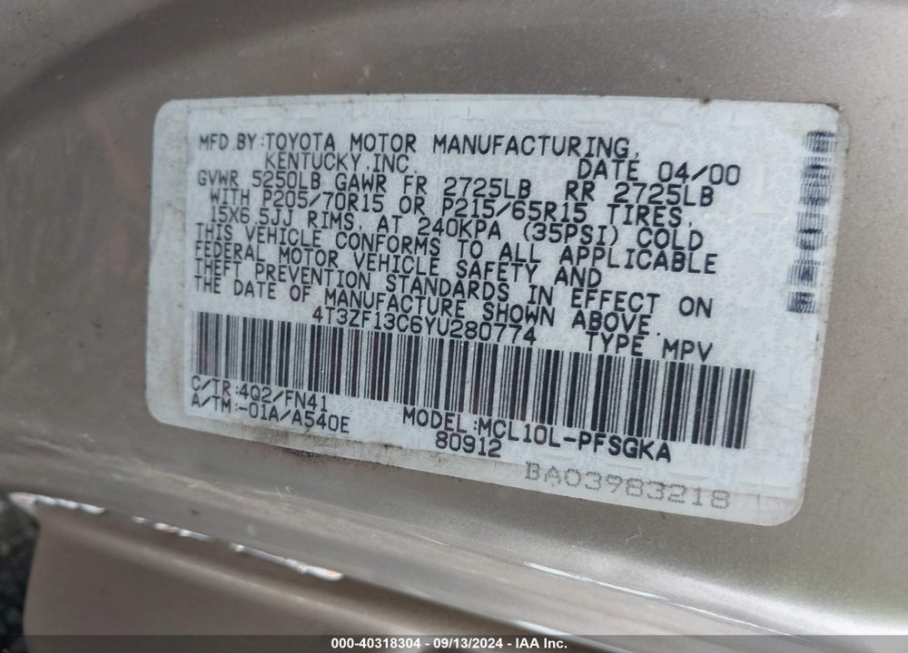2000 TOYOTA SIENNA LE VIN: 4T3ZF13C6YU280774
