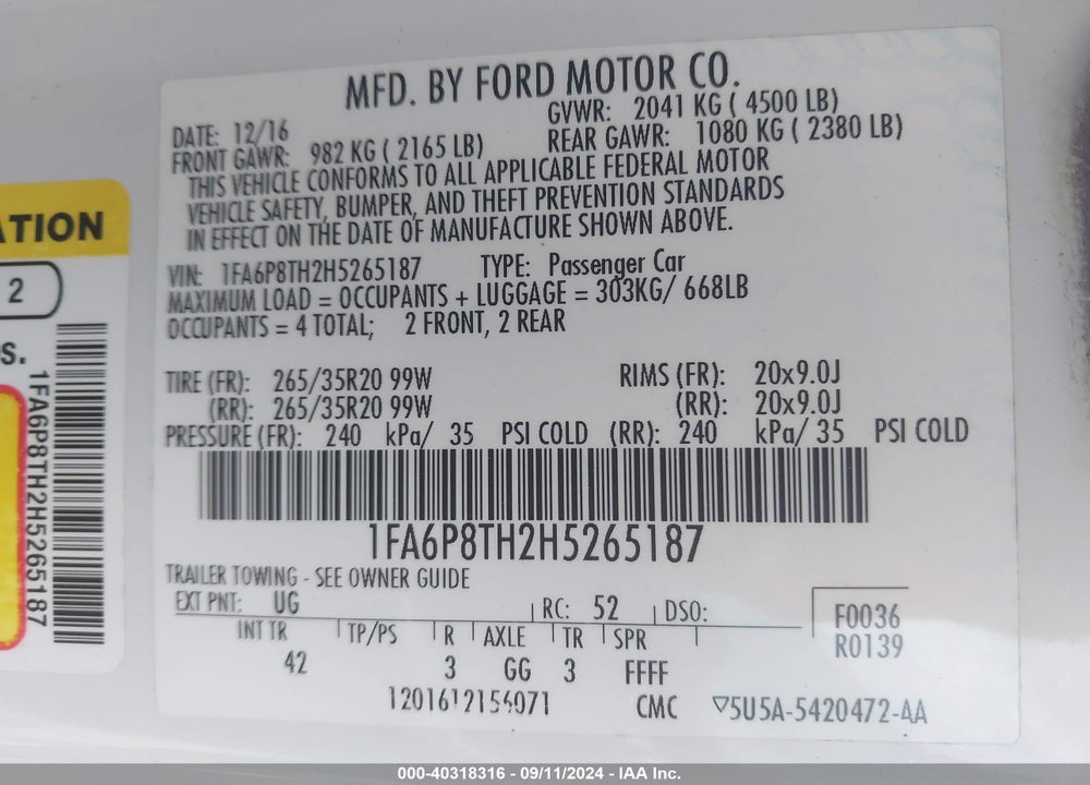 2017 FORD MUSTANG ECOBOOST VIN: 1FA6P8TH2H5265187
