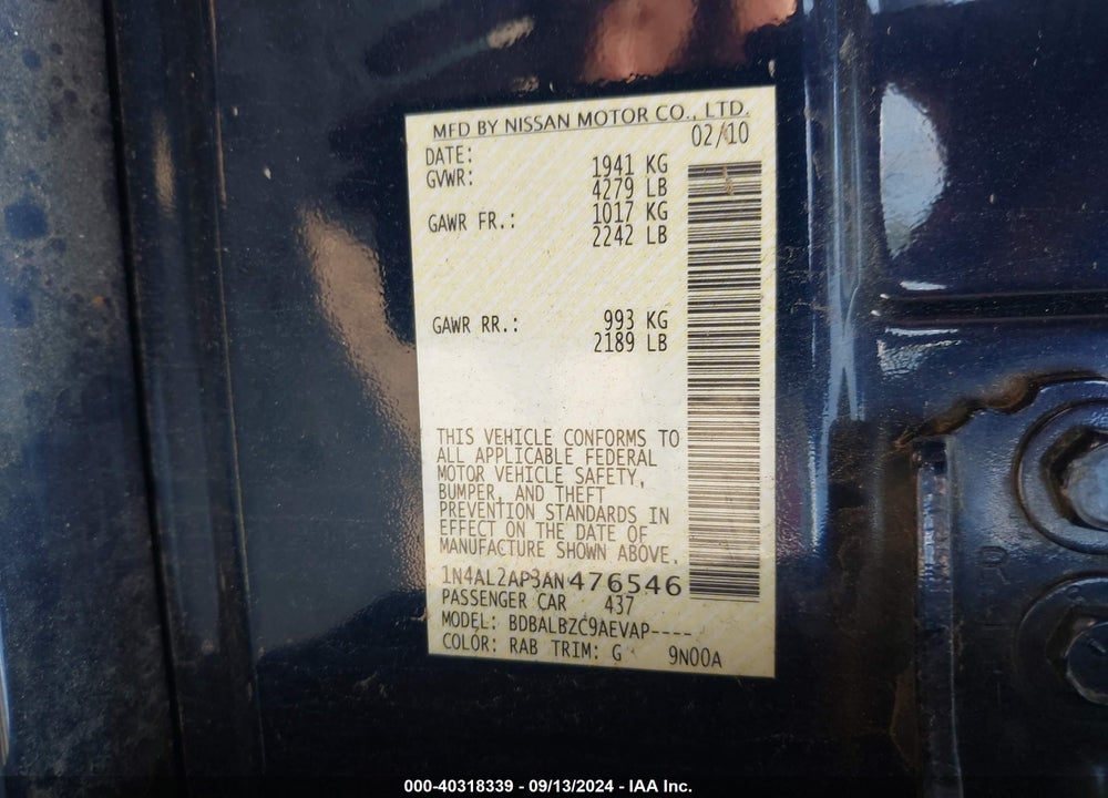 2010 NISSAN ALTIMA 2.5 S VIN: 1N4AL2AP3AN476546