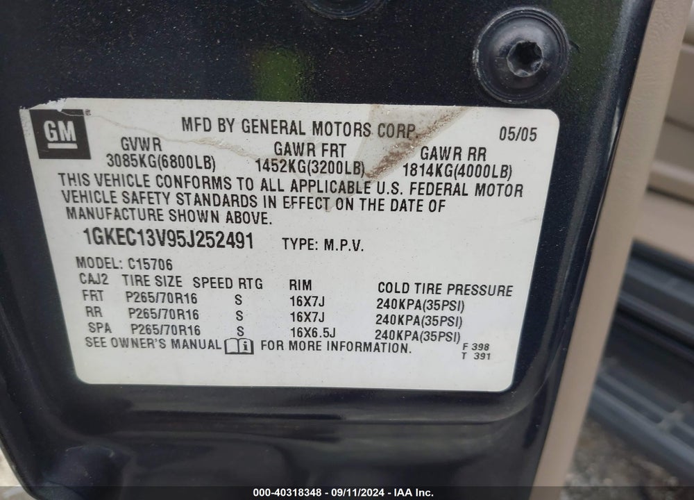 2005 GMC YUKON SLT VIN: 1GKEC13V95J252491