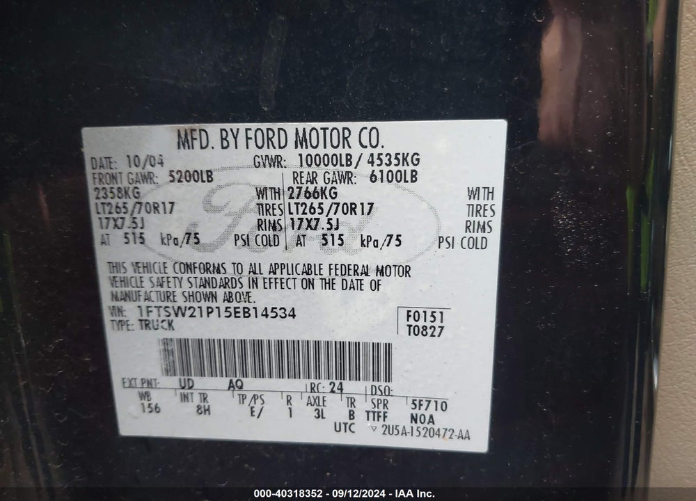 2005 FORD F-250 LARIAT/XL/XLT VIN: 1FTSW21P15EB14534