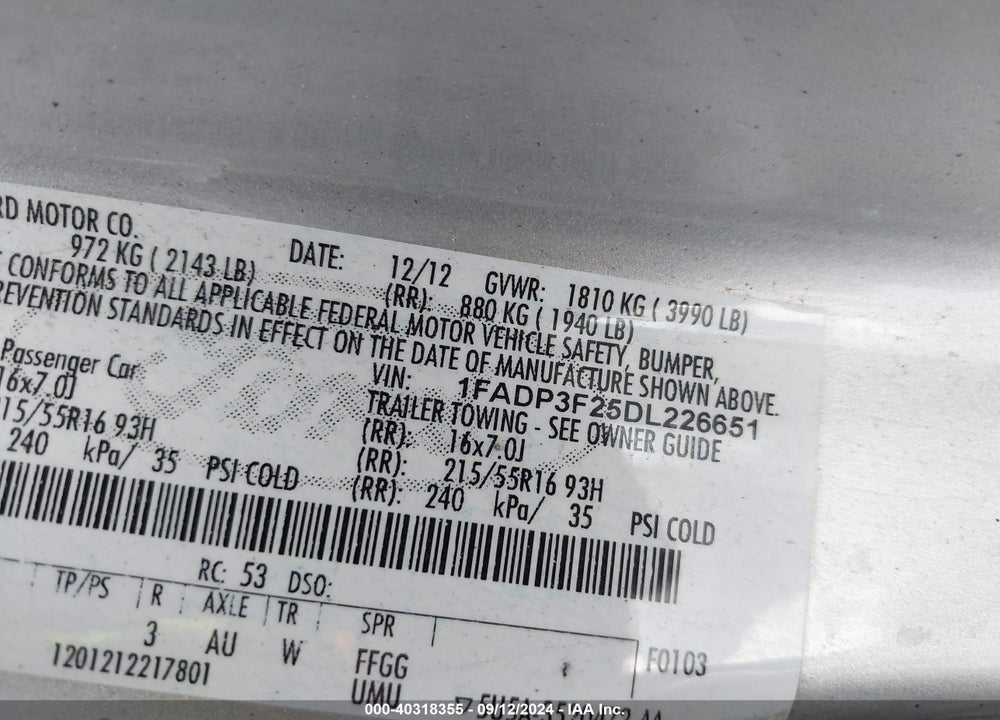 2013 FORD FOCUS SE VIN: 1FADP3F25DL226651