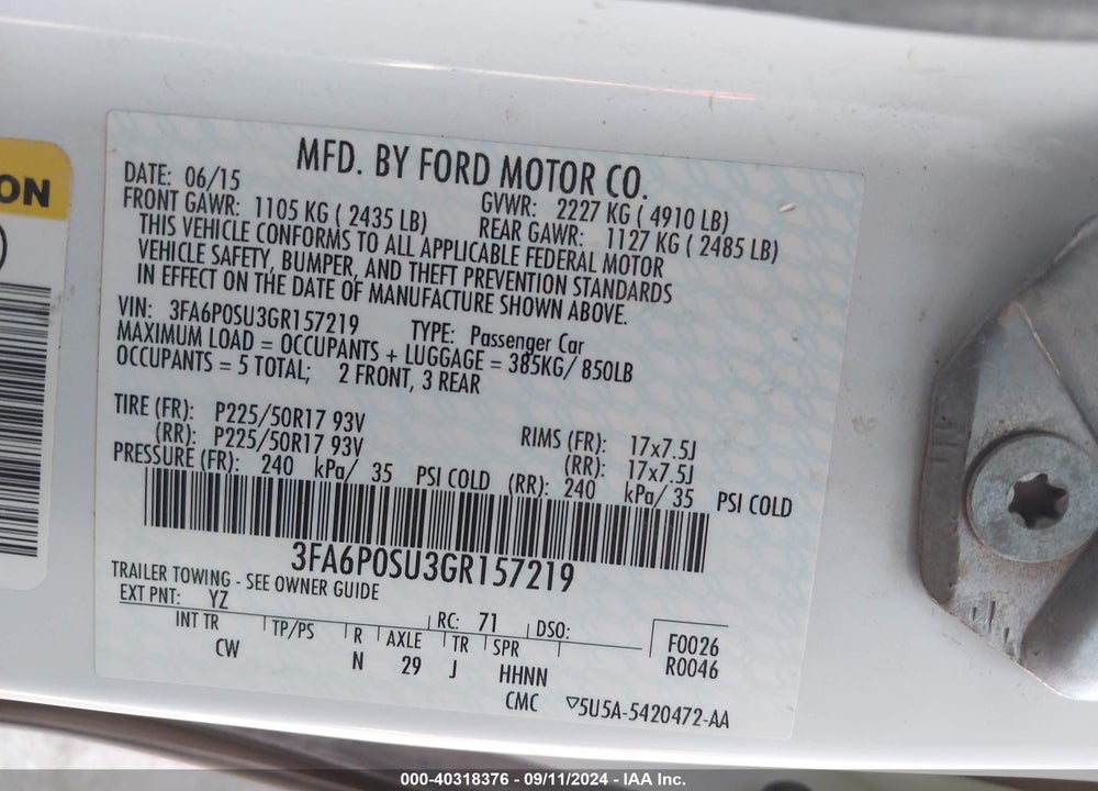 2016 FORD FUSION ENERGI TITANIUM VIN: 3FA6P0SU3GR157219
