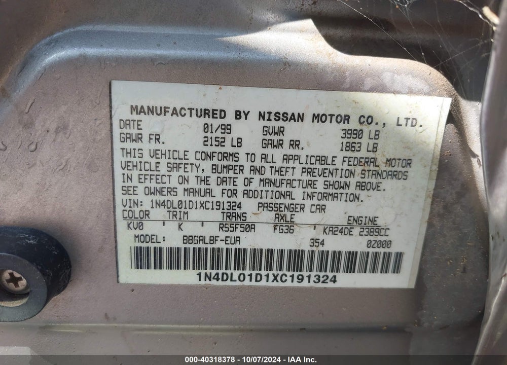 1999 NISSAN ALTIMA GLE/GXE/SE/SE-L/XE VIN: 1N4DL01D1XC191324