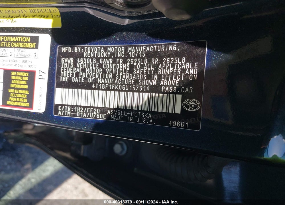 2016 TOYOTA CAMRY SE VIN: 4T1BF1FK0GU157614