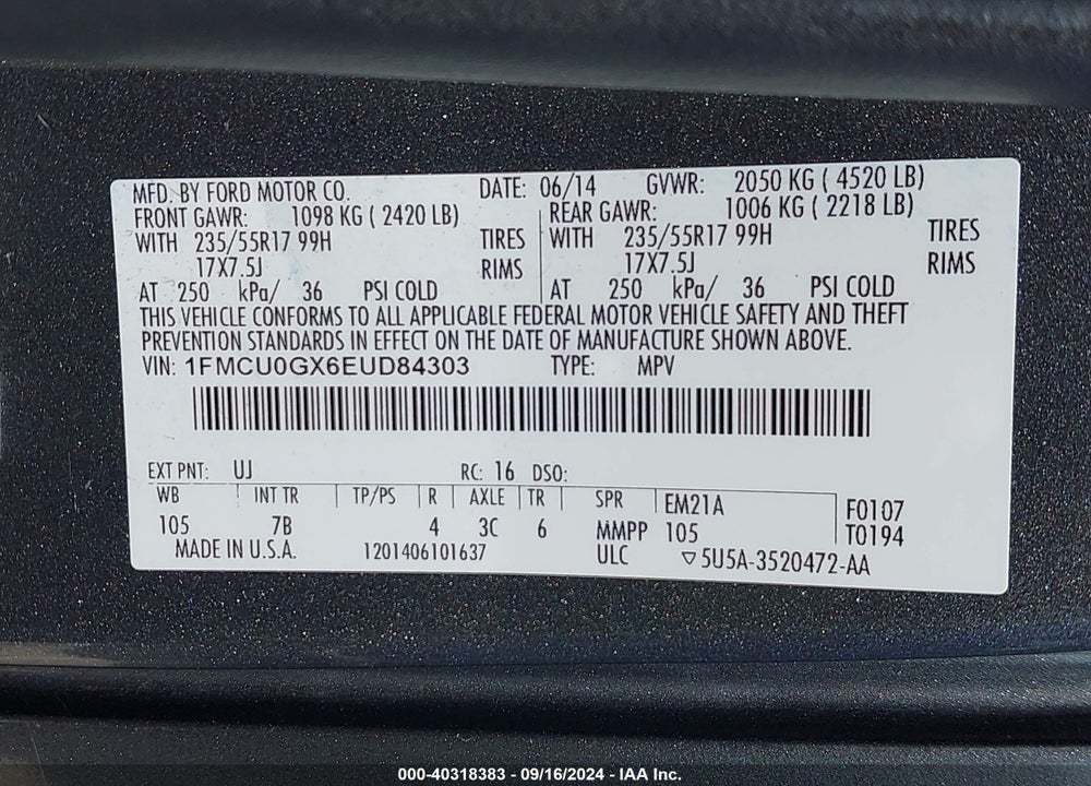 2014 FORD ESCAPE SE VIN: 1FMCU0GX6EUD84303