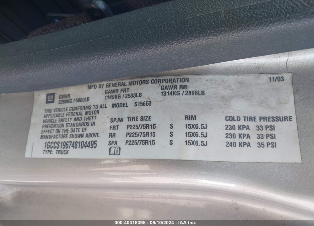 2004 CHEVROLET COLORADO VIN: 1GCCS196748104495