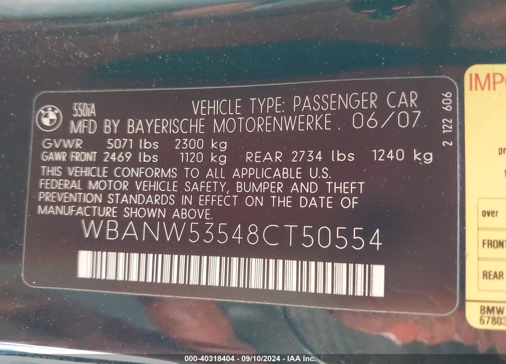 2008 BMW 550I VIN: WBANW53548CT50554