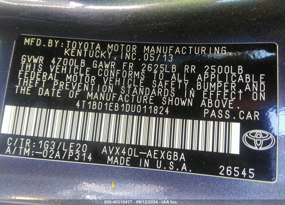 2013 TOYOTA AVALON HYBRID XLE TOURING VIN: 4T1BD1EB1DU011824