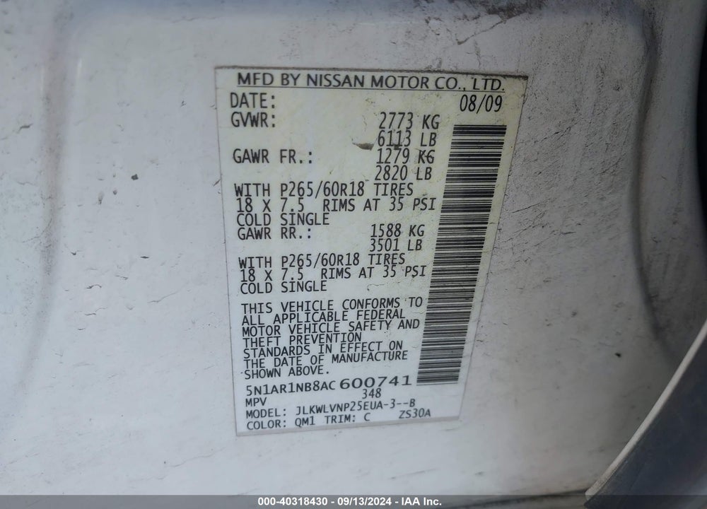 2010 NISSAN PATHFINDER LE VIN: 5N1AR1NB8AC600741