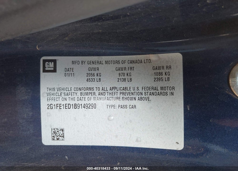 2011 CHEVROLET CAMARO 1LS VIN: 2G1FE1ED1B9149290