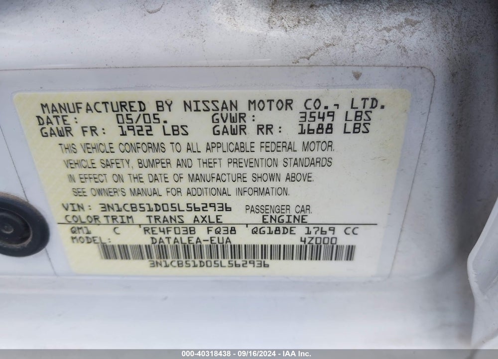 2005 NISSAN SENTRA 1.8S VIN: 3N1CB51D05L562936