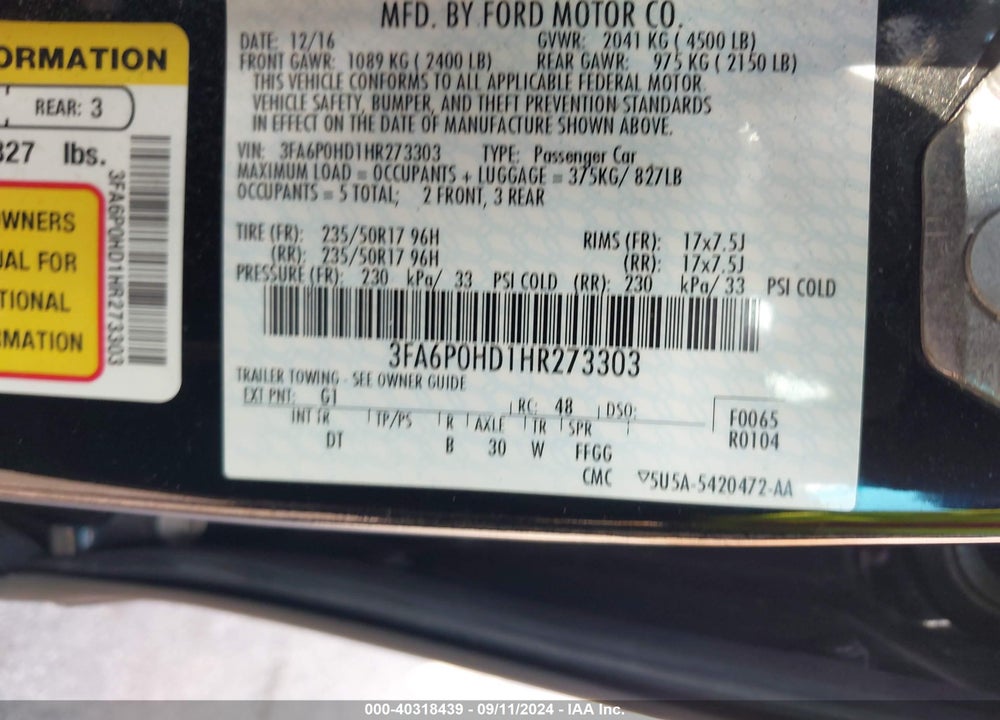 2017 FORD FUSION SE VIN: 3FA6P0HD1HR273303