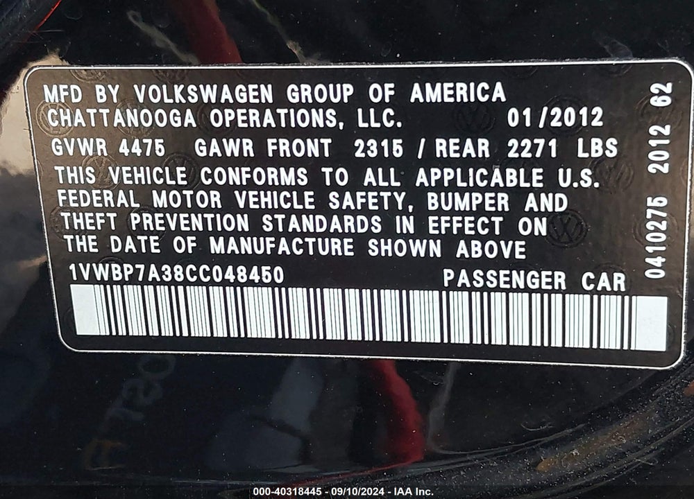 2012 VOLKSWAGEN PASSAT 2.5L SE VIN: 1VWBP7A38CC048450