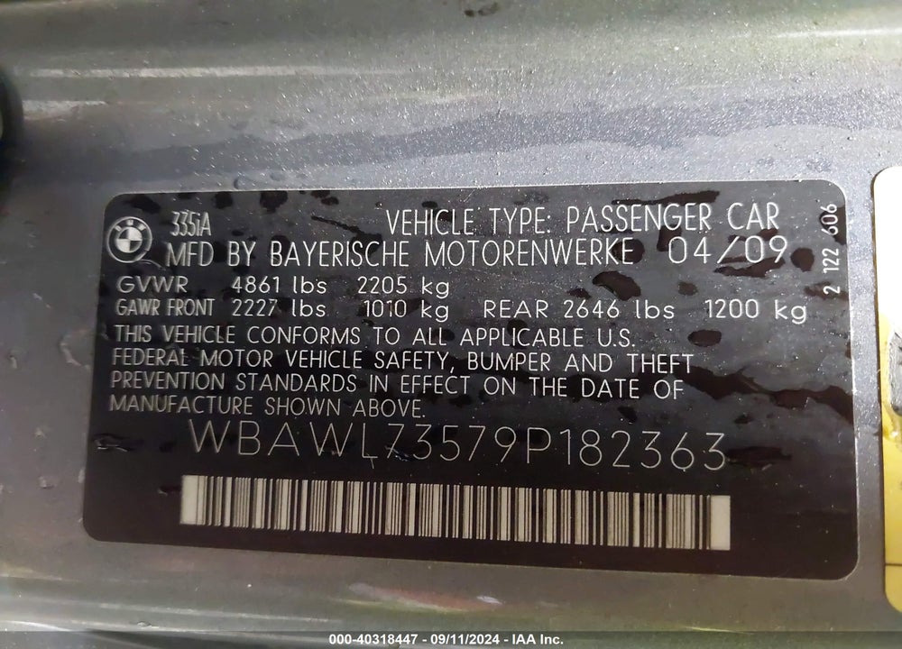 2009 BMW 335I VIN: WBAWL73579P182363