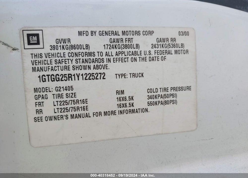 2000 GMC SAVANA STANDARD VIN: 1GTGG25R1Y1225272