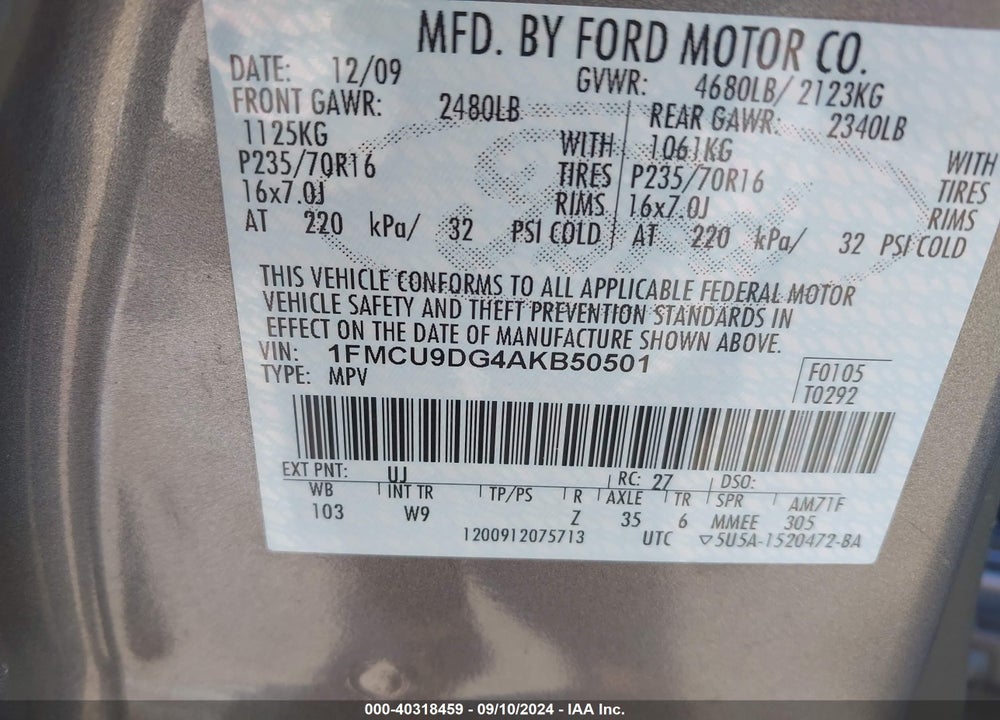 2010 FORD ESCAPE XLT VIN: 1FMCU9DG4AKB50501