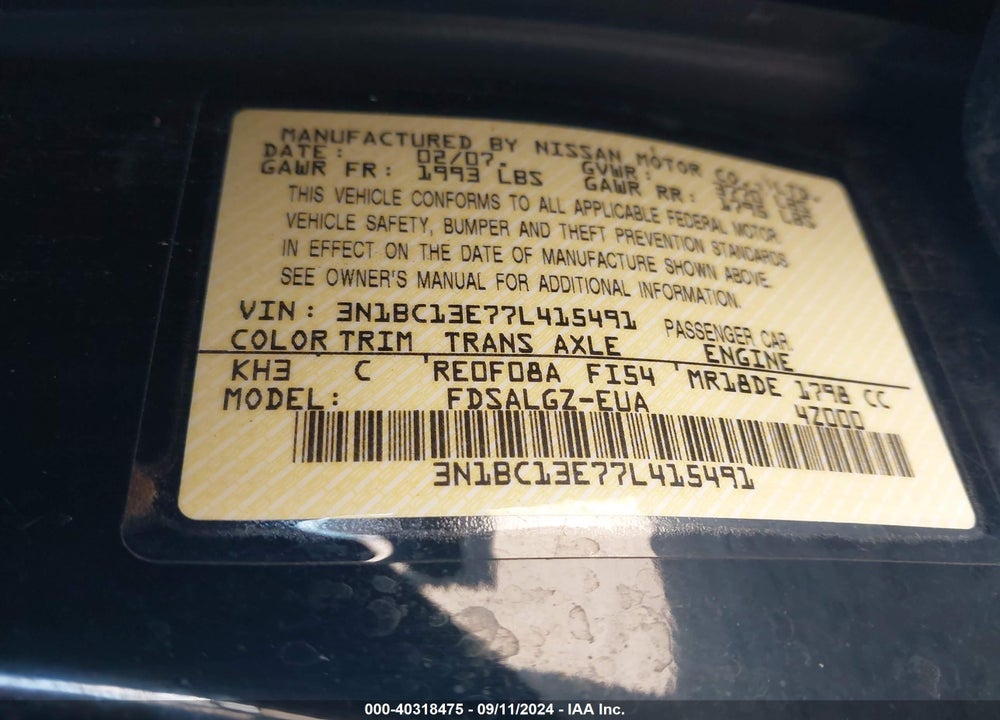 2007 NISSAN VERSA 1.8SL VIN: 3N1BC13E77L415491
