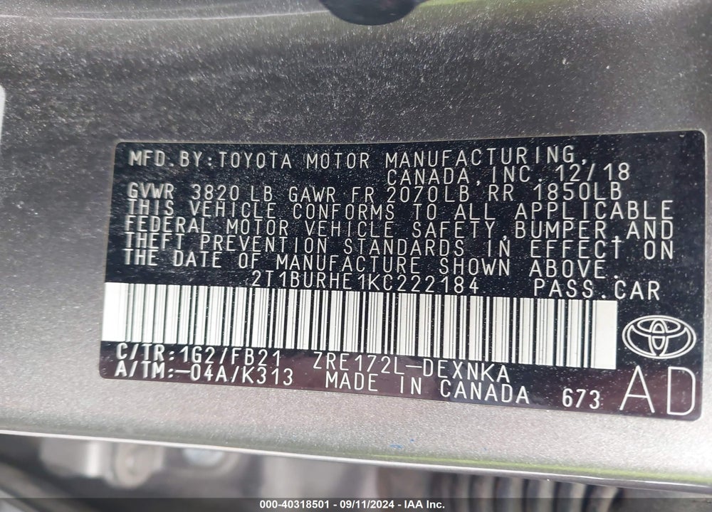 2019 TOYOTA COROLLA LE VIN: 2T1BURHE1KC222184