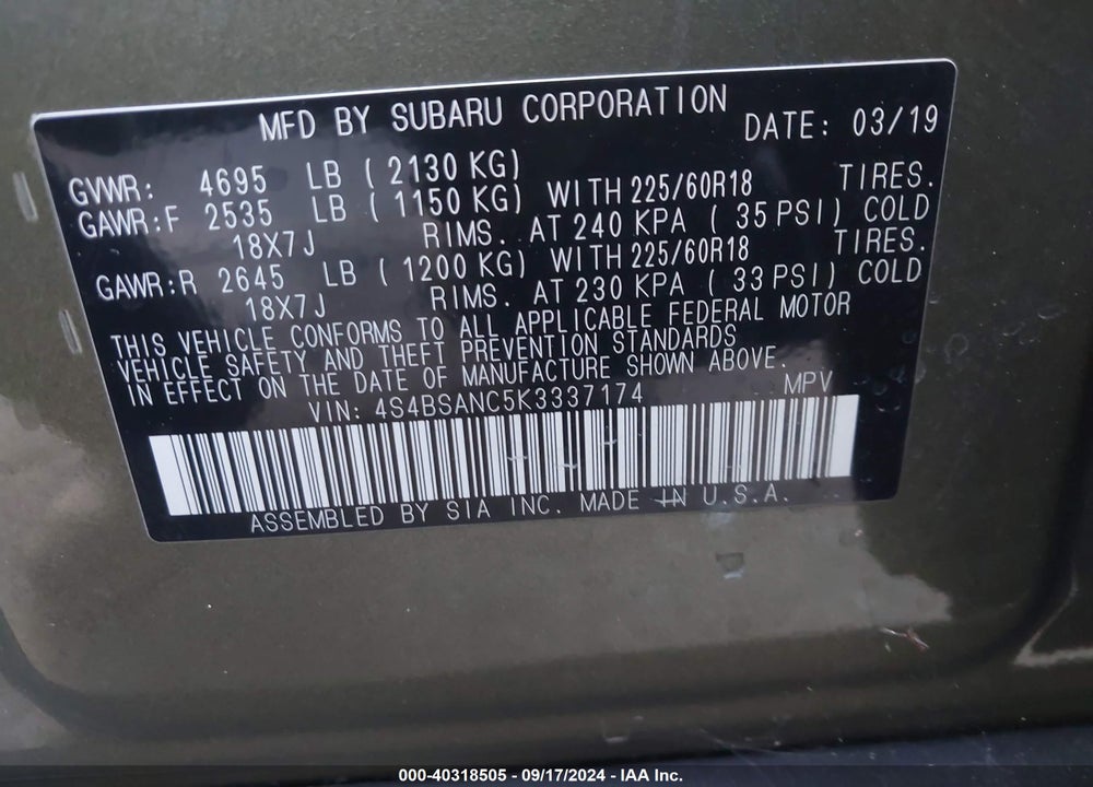 2019 SUBARU OUTBACK 2.5I LIMITED VIN: 4S4BSANC5K3337174
