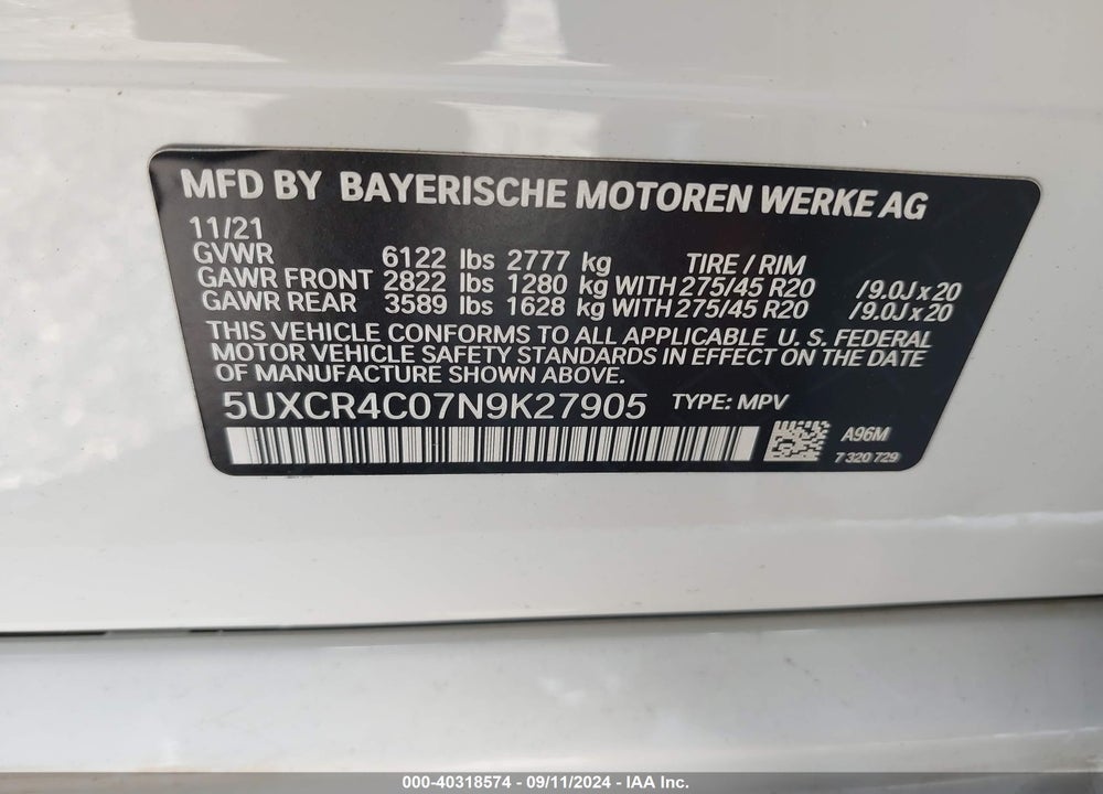 2022 BMW X5 SDRIVE40I VIN: 5UXCR4C07N9K27905