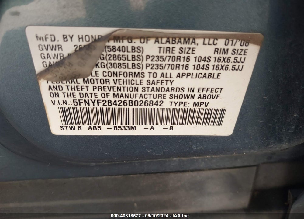 2006 HONDA PILOT EX VIN: 5FNYF28426B026842