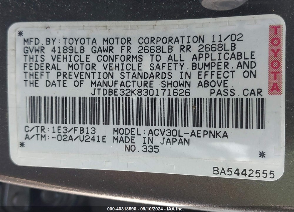 2003 TOYOTA CAMRY LE VIN: JTDBE32K830171626