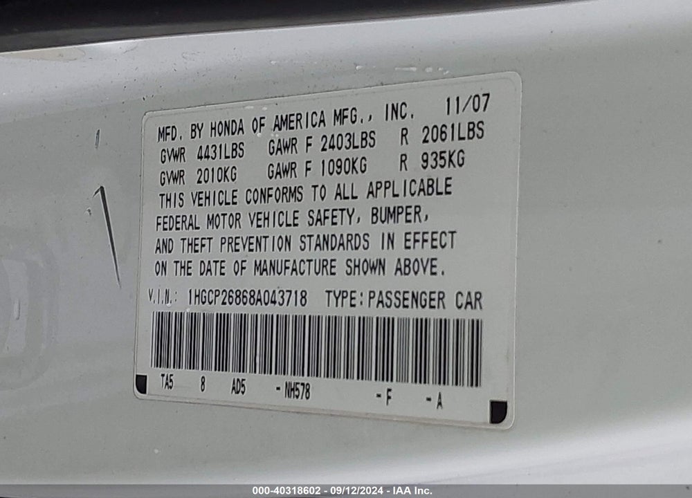 2008 HONDA ACCORD 2.4 EX-L VIN: 1HGCP26868A043718
