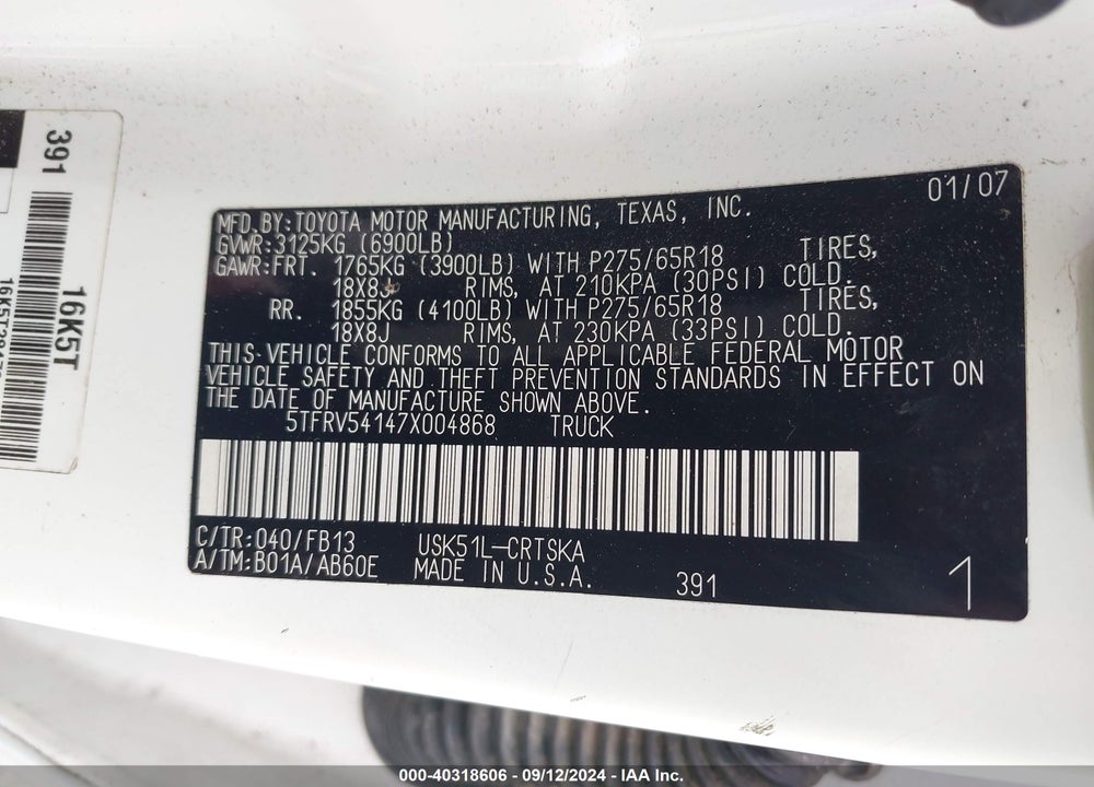2007 TOYOTA TUNDRA SR5 V8 VIN: 5TFRV54147X004868