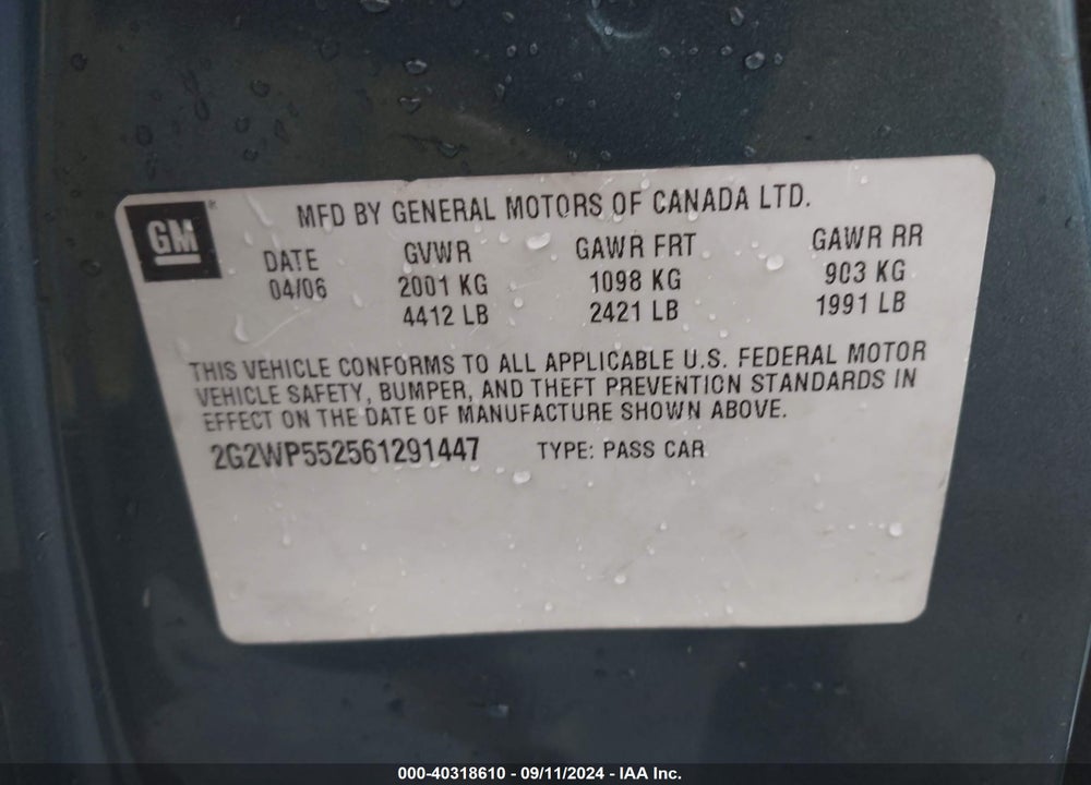 2006 PONTIAC GRAND PRIX VIN: 2G2WP552561291447