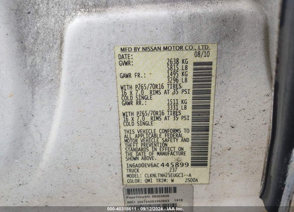2010 NISSAN FRONTIER SE VIN: 1N6AD0EV6AC445899