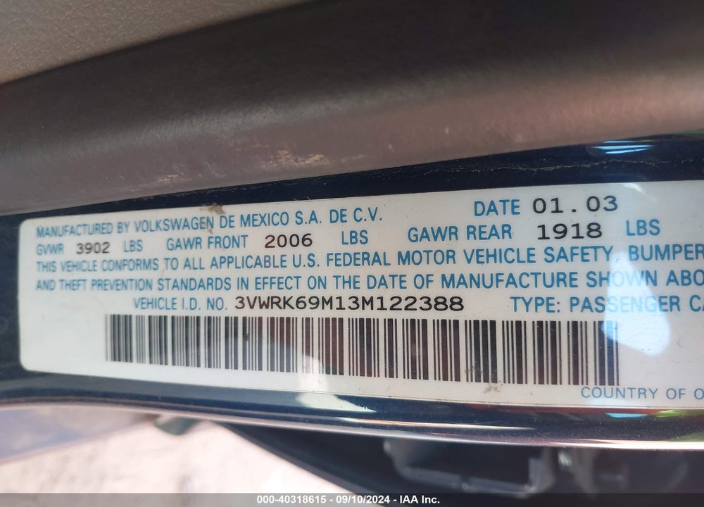 2003 VOLKSWAGEN JETTA GL VIN: 3VWRK69M13M122388