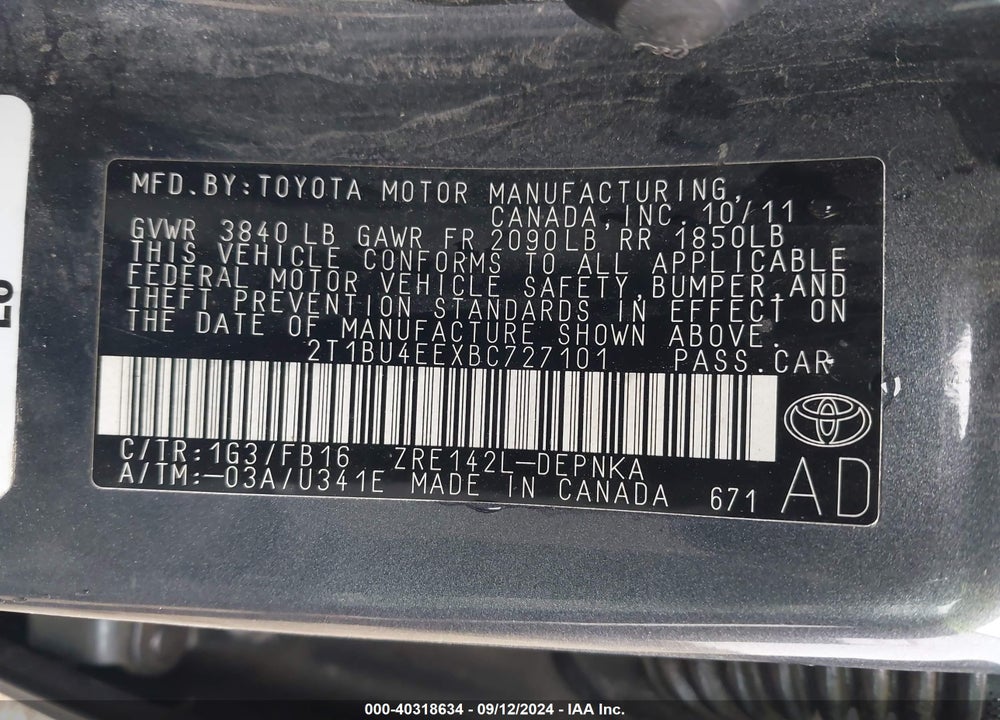 2011 TOYOTA COROLLA LE VIN: 2T1BU4EEXBC727101