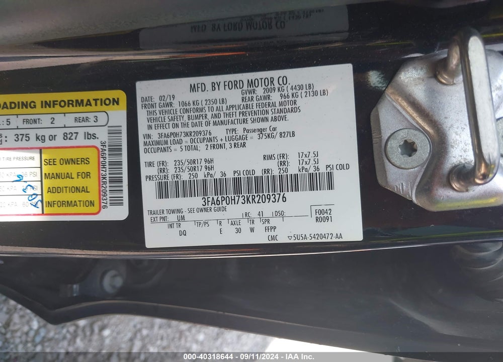 2019 FORD FUSION SE VIN: 3FA6P0H73KR209376