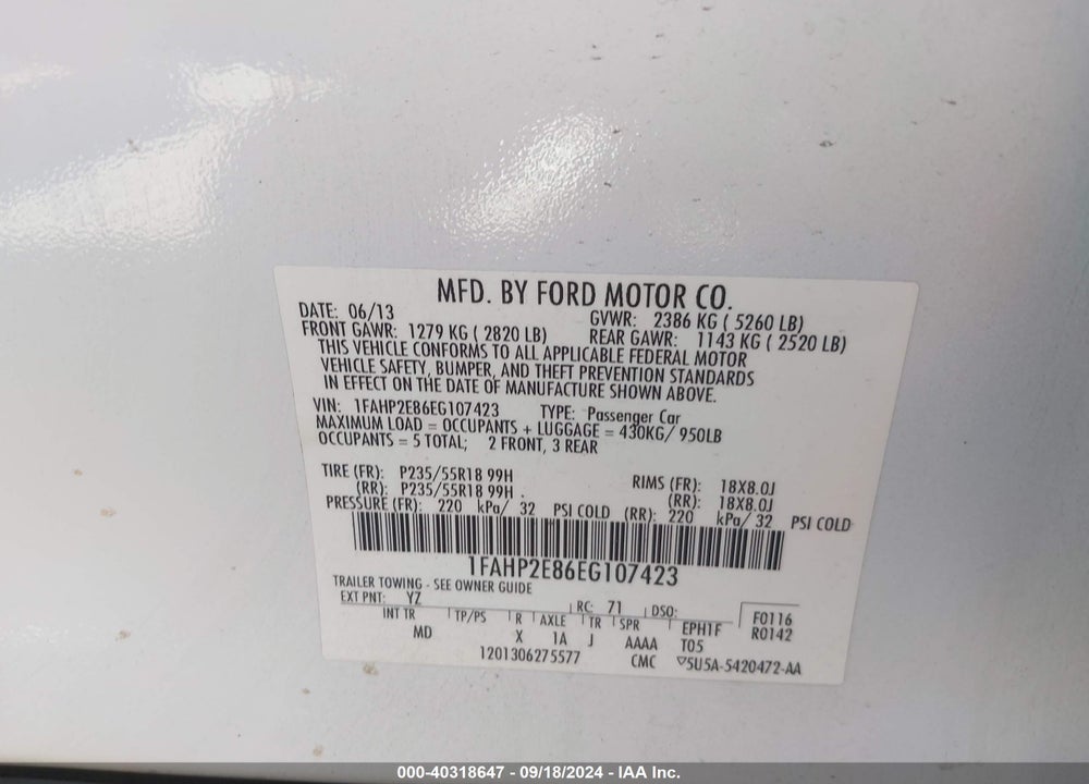 2014 FORD TAURUS SEL VIN: 1FAHP2E86EG107423
