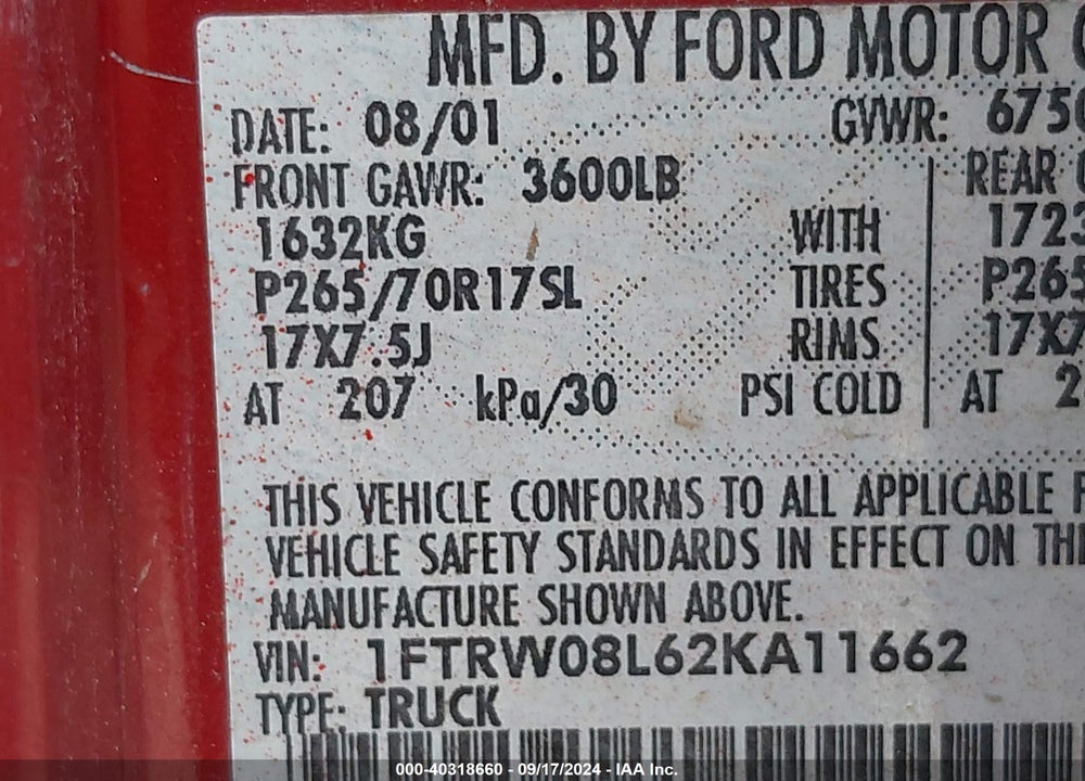 2002 FORD F-150 VIN: 1FTRW08L62KA11662