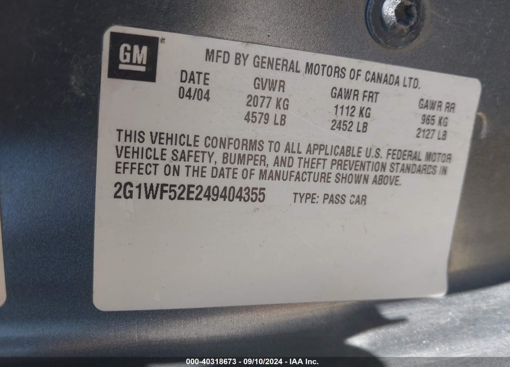 2004 CHEVROLET IMPALA VIN: 2G1WF52E249404355
