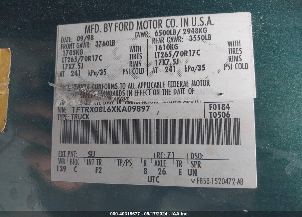 1999 FORD F-150 LARIAT/XL/XLT VIN: 1FTRX08L6XKA09897