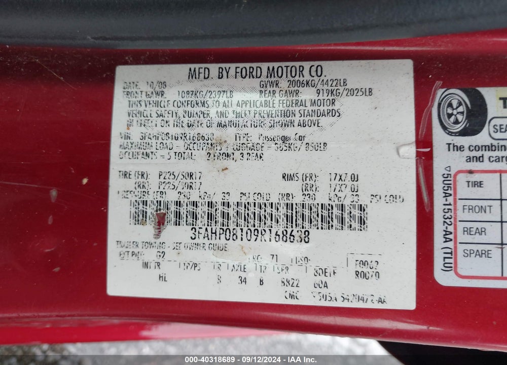 2009 FORD FUSION SEL VIN: 3FAHP08109R168638