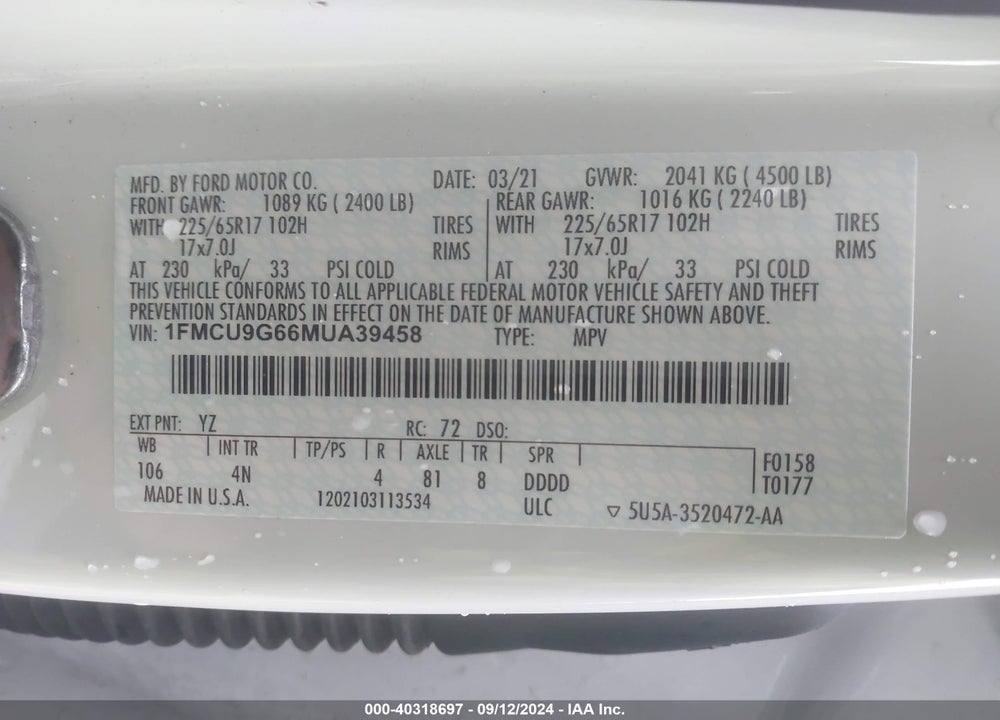 2021 FORD ESCAPE SE VIN: 1FMCU9G66MUA39458