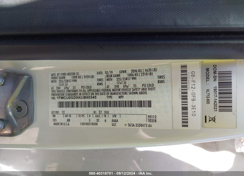 2019 FORD ESCAPE SE VIN: 1FMCU0GDXKUB65345