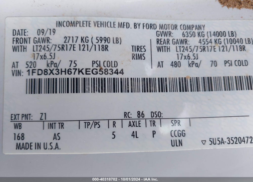 2019 FORD F-350 CHASSIS XL VIN: 1FD8X3H67KEG58344