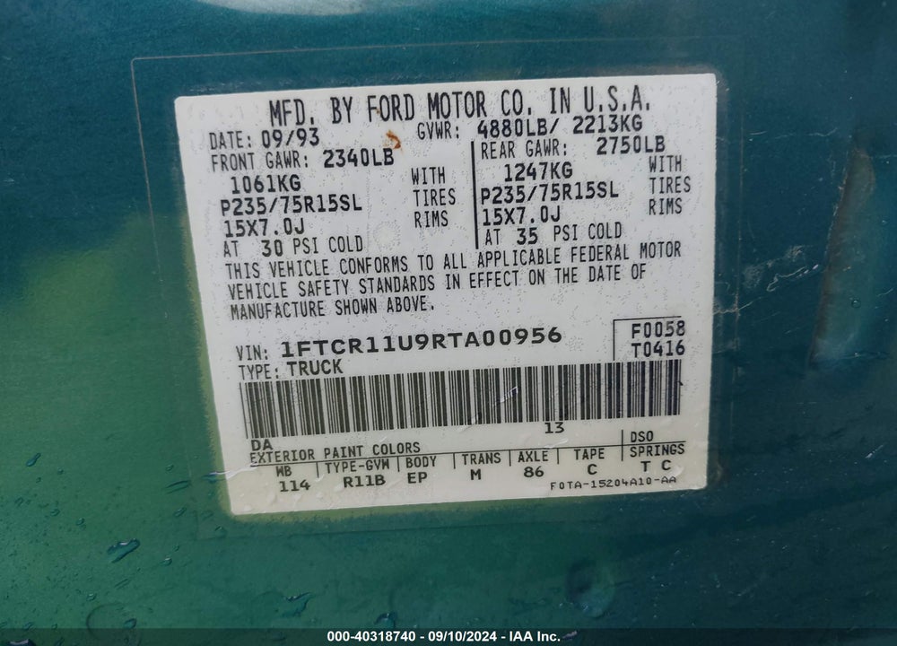 1994 FORD RANGER VIN: 1FTCR11U9RTA00956
