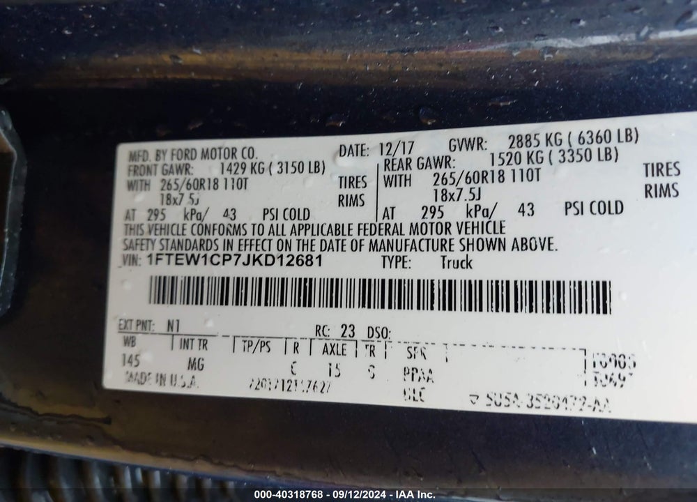 2018 FORD F-150 XLT VIN: 1FTEW1CP7JKD12681